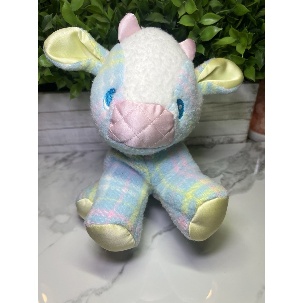 1986 Playskool RARE BABY COW Blankies Snuzzles Plush Blue Plaid Satin Toy no tag